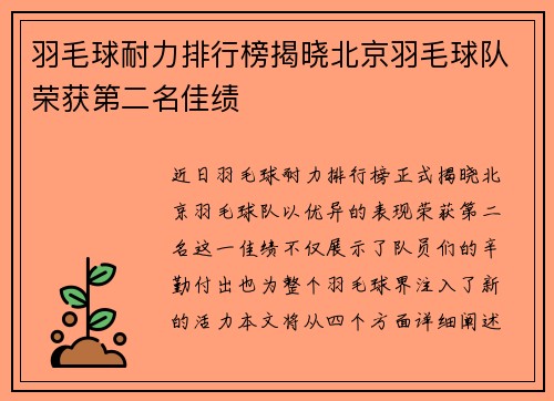 羽毛球耐力排行榜揭晓北京羽毛球队荣获第二名佳绩