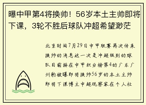 曝中甲第4将换帅！56岁本土主帅即将下课，3轮不胜后球队冲超希望渺茫