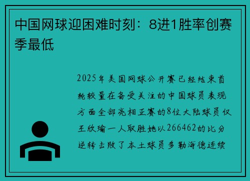 中国网球迎困难时刻：8进1胜率创赛季最低